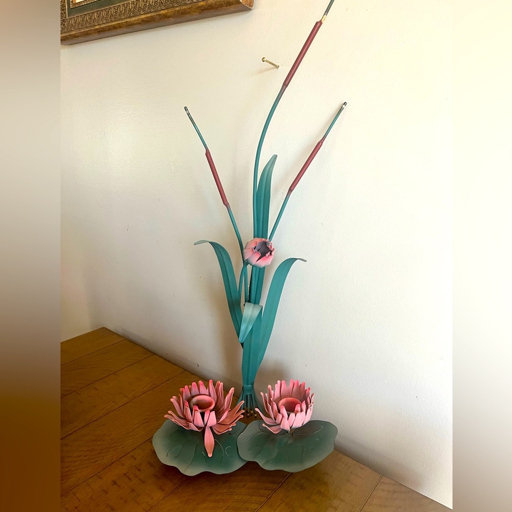 Teal and Pink Metal Lily Pond Accent Sculpture